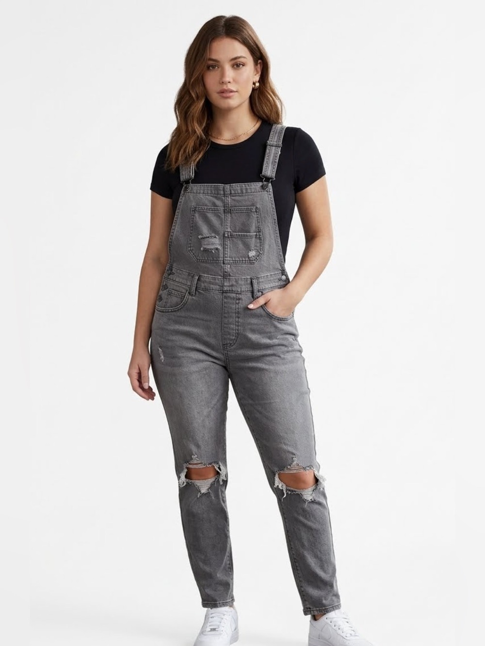 Free People Women's Distressed Grey Denim Overalls Size S
